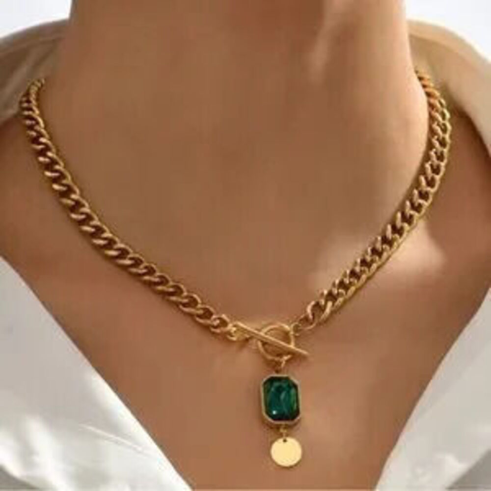 Gold Cuban Link Necklace Green Stone Pendant Stainless Steel Tarnish Free - Picture 1 of 2